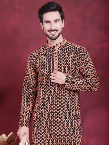 Jompers Men's Sequins Embroidered Kurta - Orange