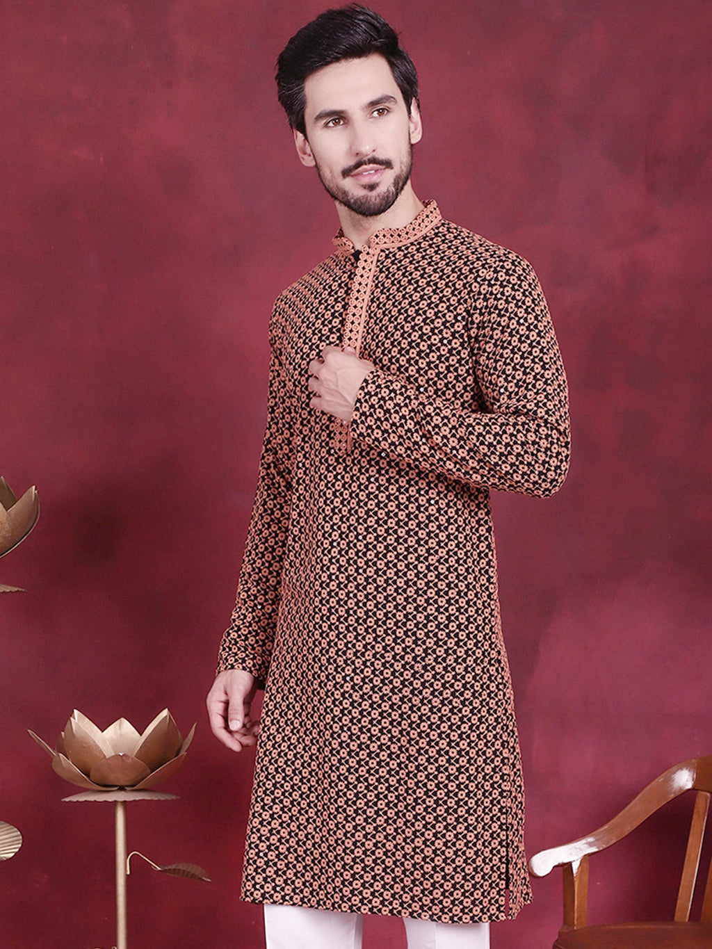 Jompers Men's Sequins Embroidered Kurta - Orange