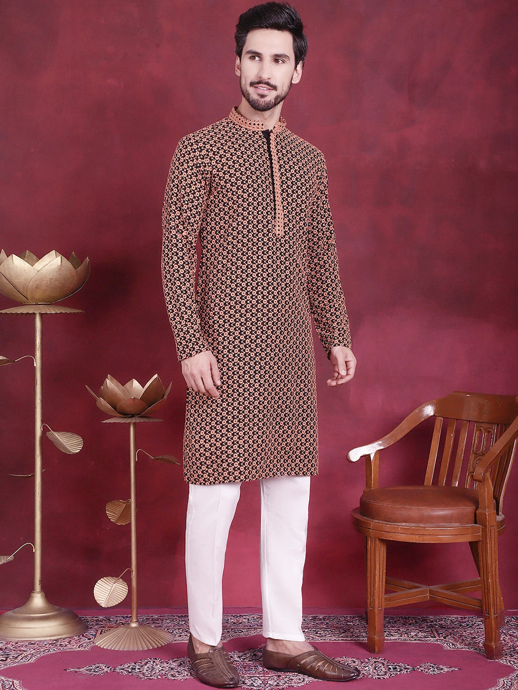 Jompers Men's Sequins Embroidered Kurta - Orange