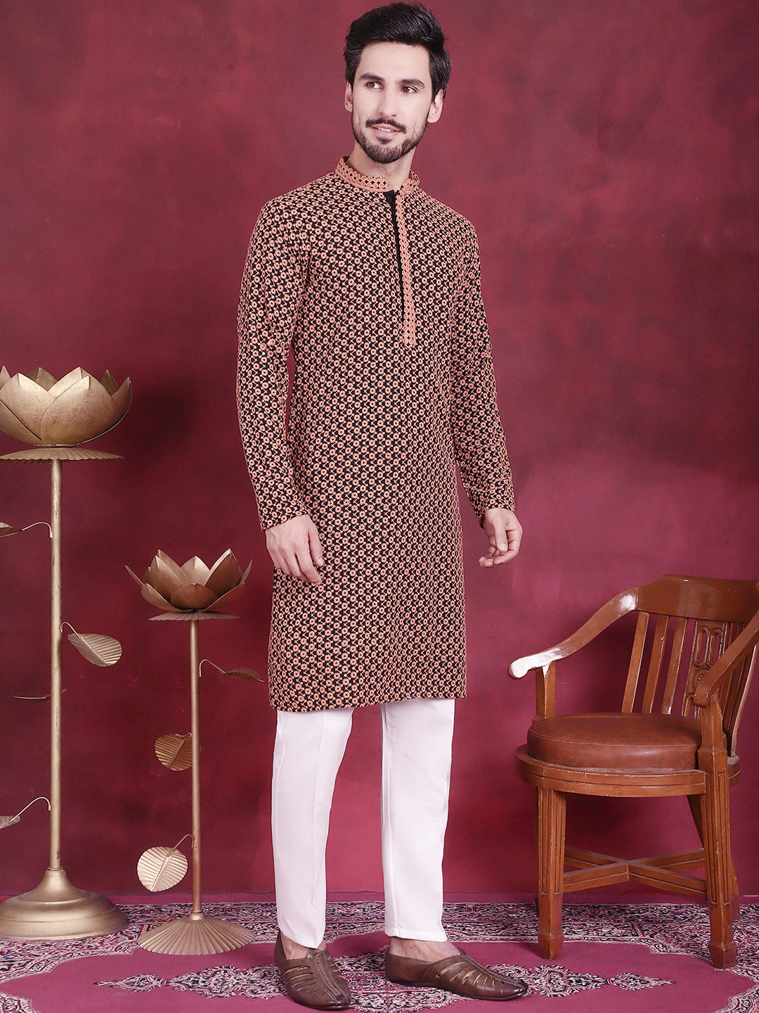 Jompers Men's Sequins Embroidered Kurta - Orange