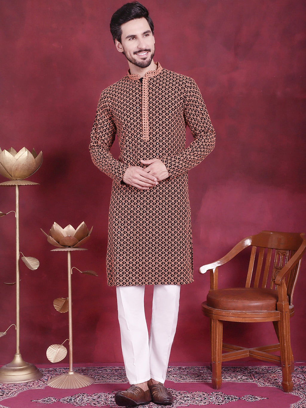 Jompers Men's Sequins Embroidered Kurta - Orange