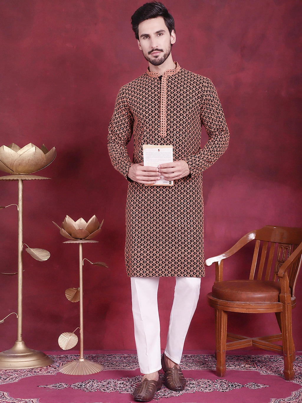 Jompers Men's Sequins Embroidered Kurta - Orange