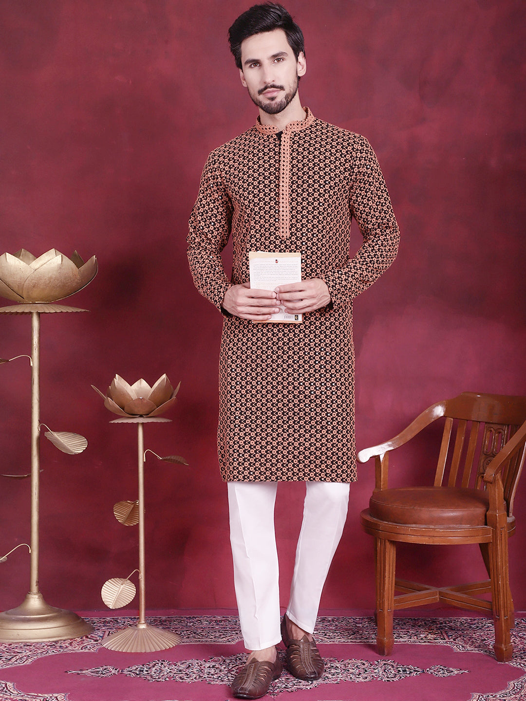 Jompers Men's Sequins Embroidered Kurta - Orange