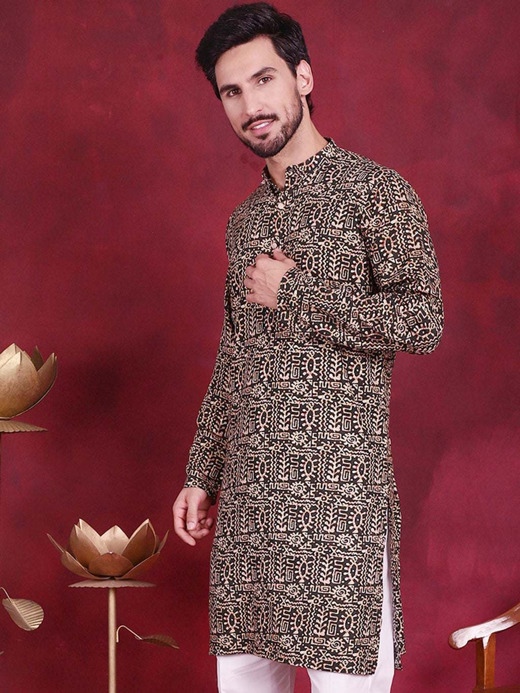 Jompers Men's Digital Printed Kurta - Olive
