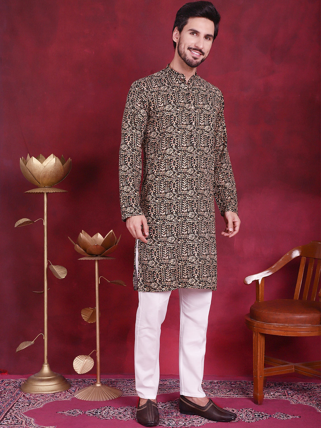 Jompers Men's Digital Printed Kurta - Olive
