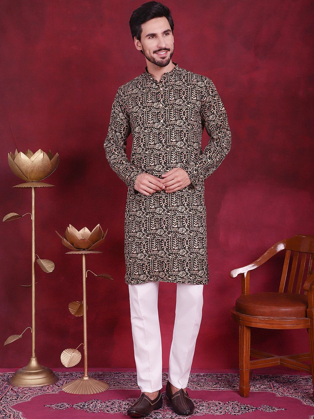 Jompers Men's Digital Printed Kurta - Olive