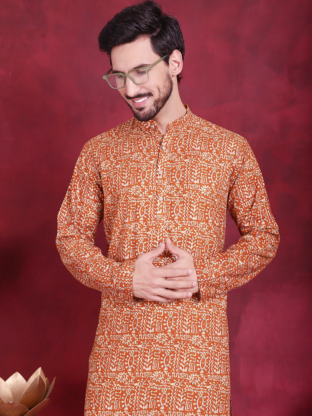 Jompers Men's Digital Printed Kurta - Mustard