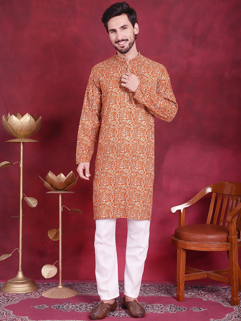 Jompers Men's Digital Printed Kurta - Mustard