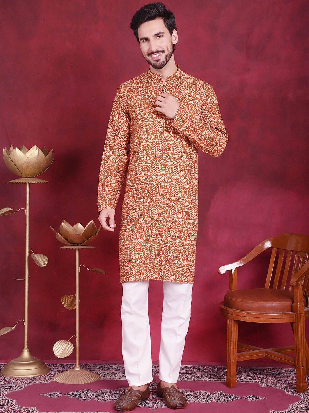 Jompers Men's Digital Printed Kurta - Mustard