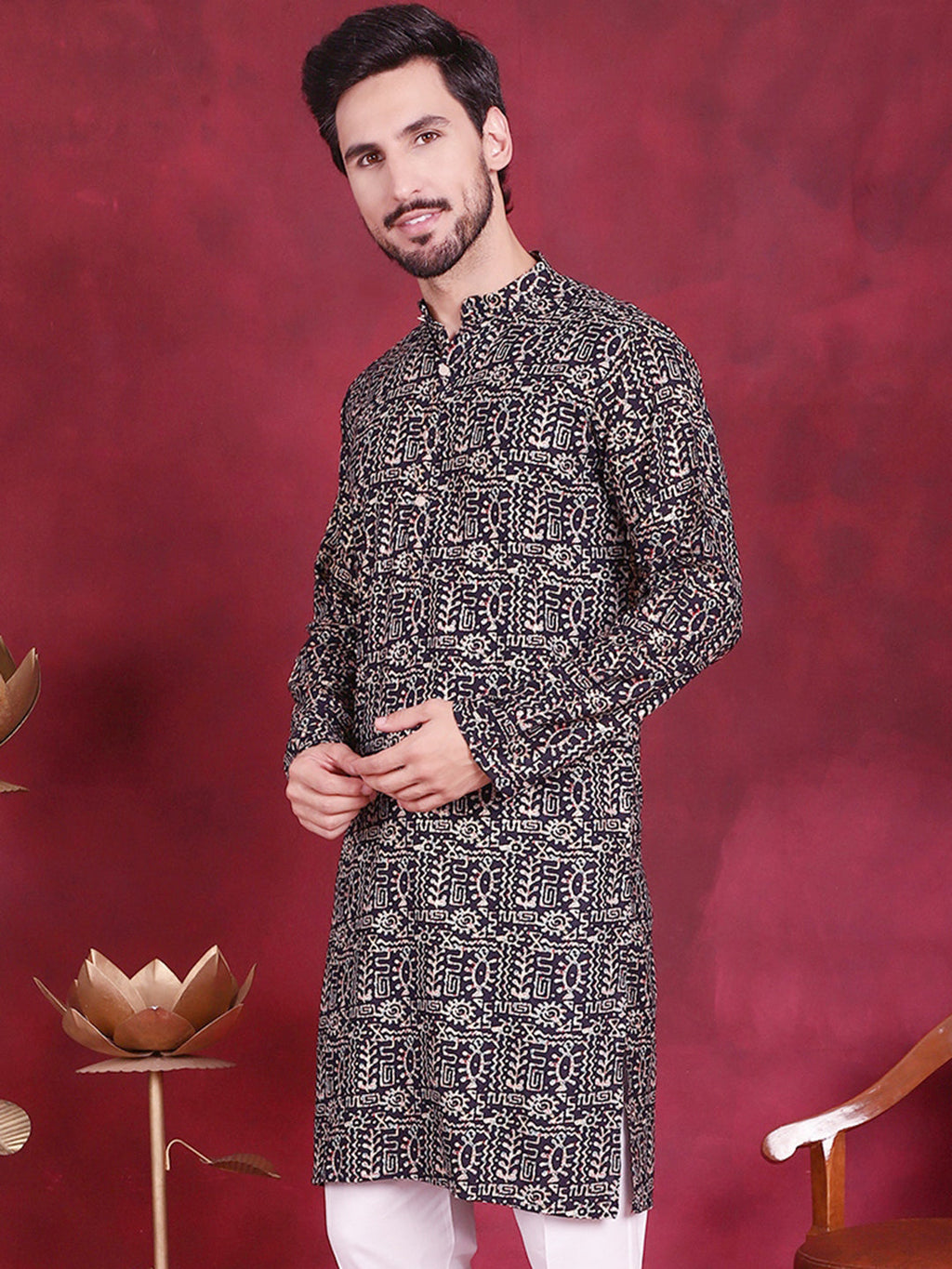 Jompers Men's Digital Printed Kurta - Navy Blue