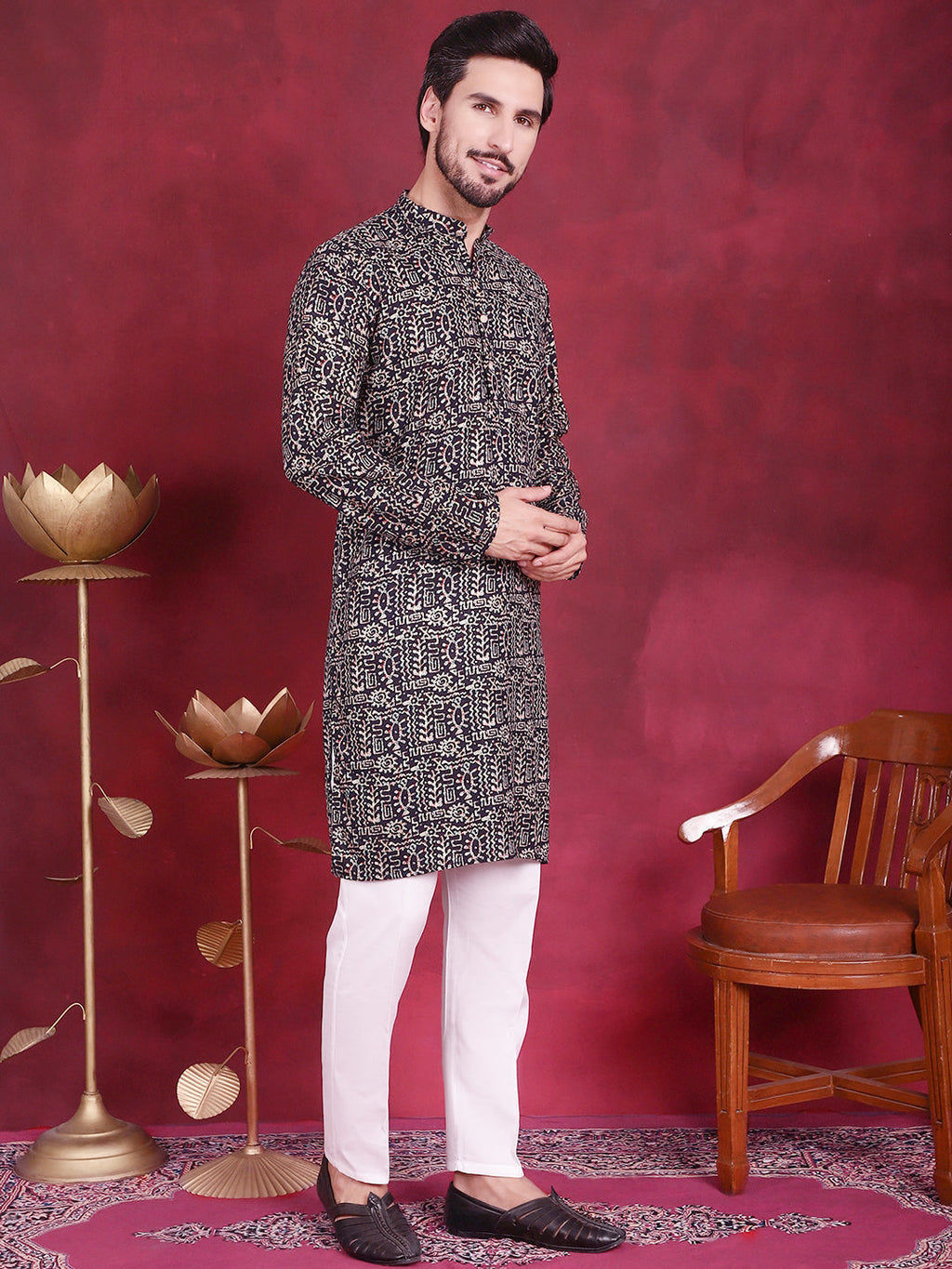 Jompers Men's Digital Printed Kurta - Navy Blue