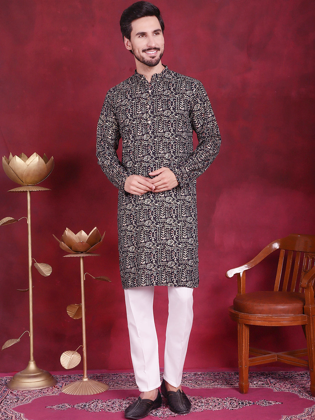 Jompers Men's Digital Printed Kurta - Navy Blue