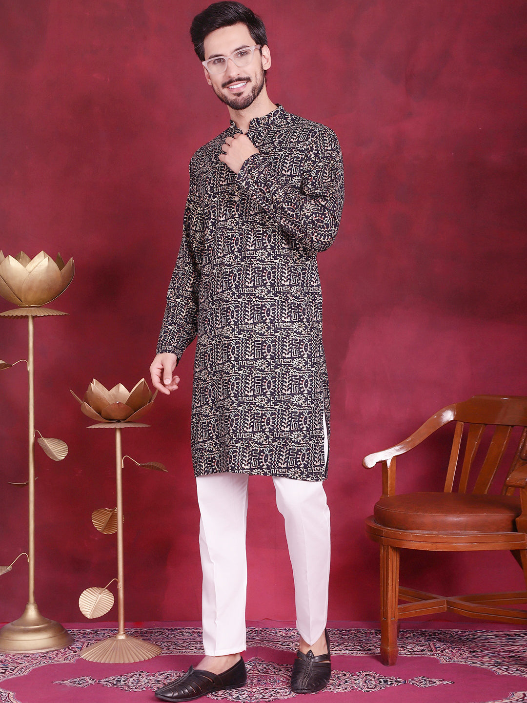Jompers Men's Digital Printed Kurta - Navy Blue