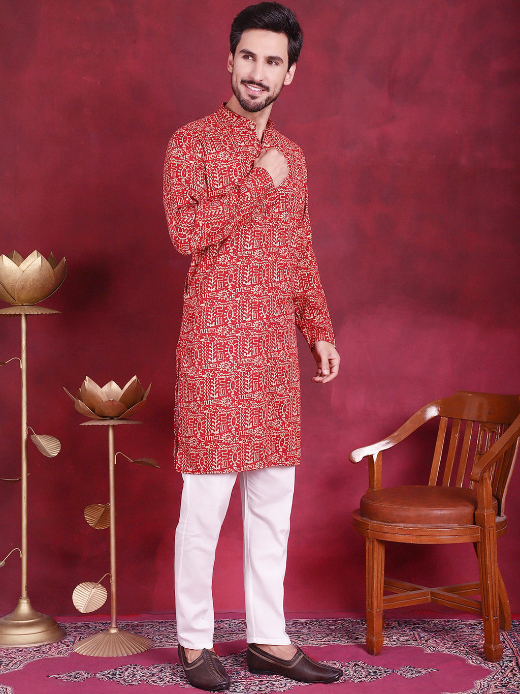Jompers Men's Digital Printed Kurta - Red