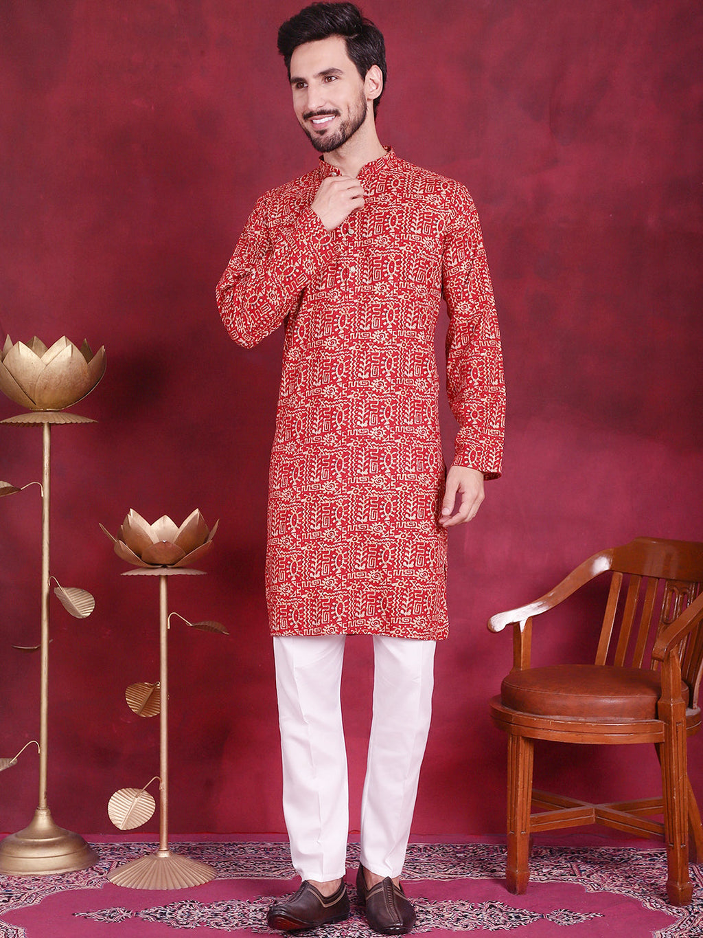 Jompers Men's Digital Printed Kurta - Red