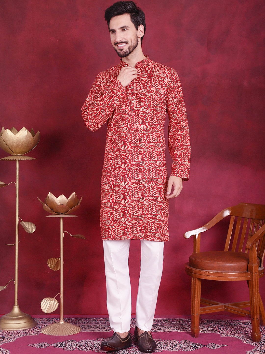 Jompers Men's Digital Printed Kurta - Red