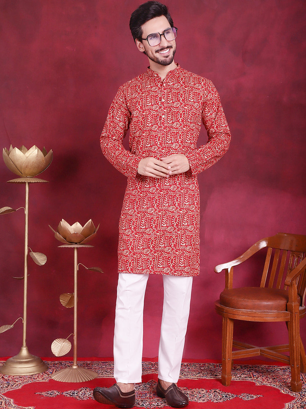 Jompers Men's Digital Printed Kurta - Red