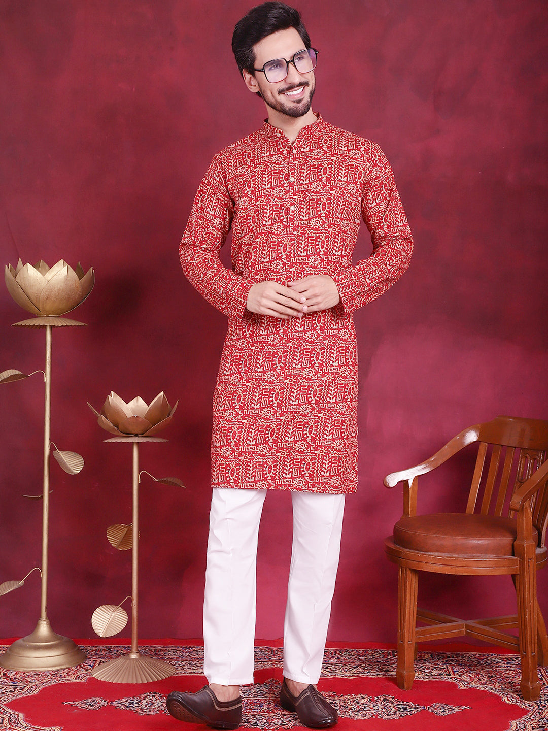 Jompers Men's Digital Printed Kurta - Red