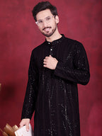 Jompers Men's Sequins Chikankari Embroidered Kurta - Black