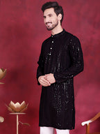 Jompers Men's Sequins Chikankari Embroidered Kurta - Black