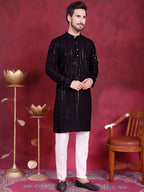 Jompers Men's Sequins Chikankari Embroidered Kurta - Black