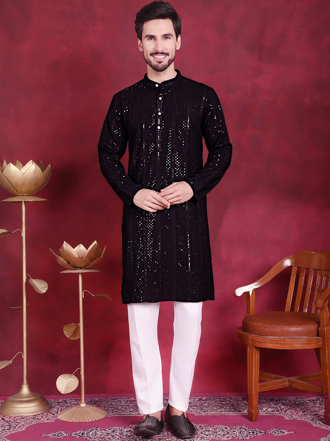 Jompers Men's Sequins Chikankari Embroidered Kurta - Black