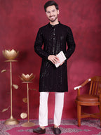 Jompers Men's Sequins Chikankari Embroidered Kurta - Black