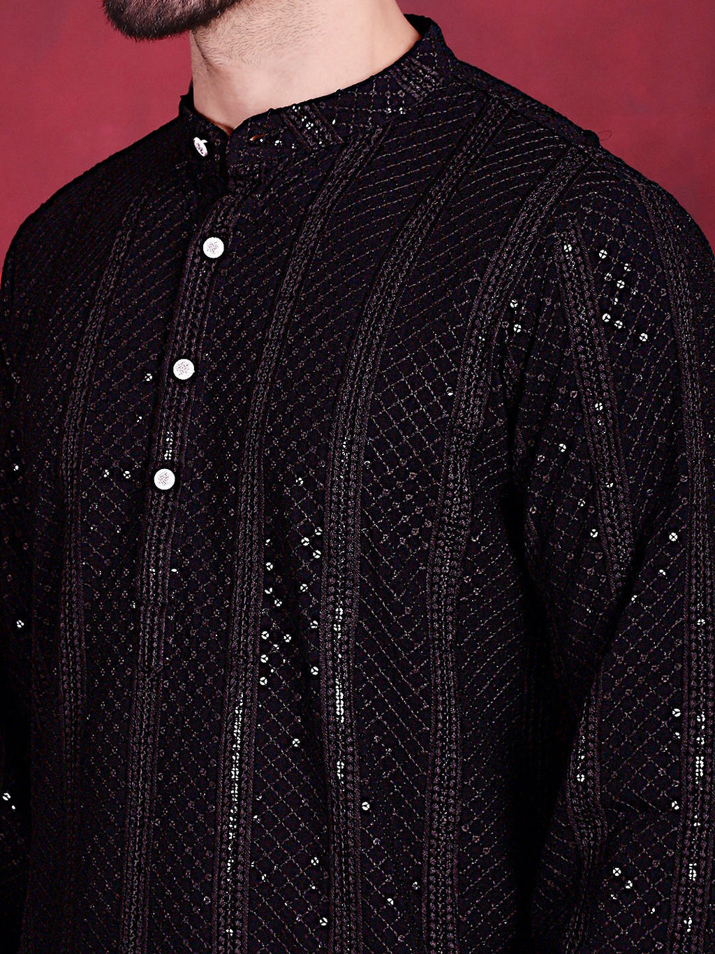 Jompers Men's Sequins Chikankari Embroidered Kurta - Black