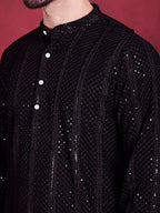 Jompers Men's Sequins Chikankari Embroidered Kurta - Black