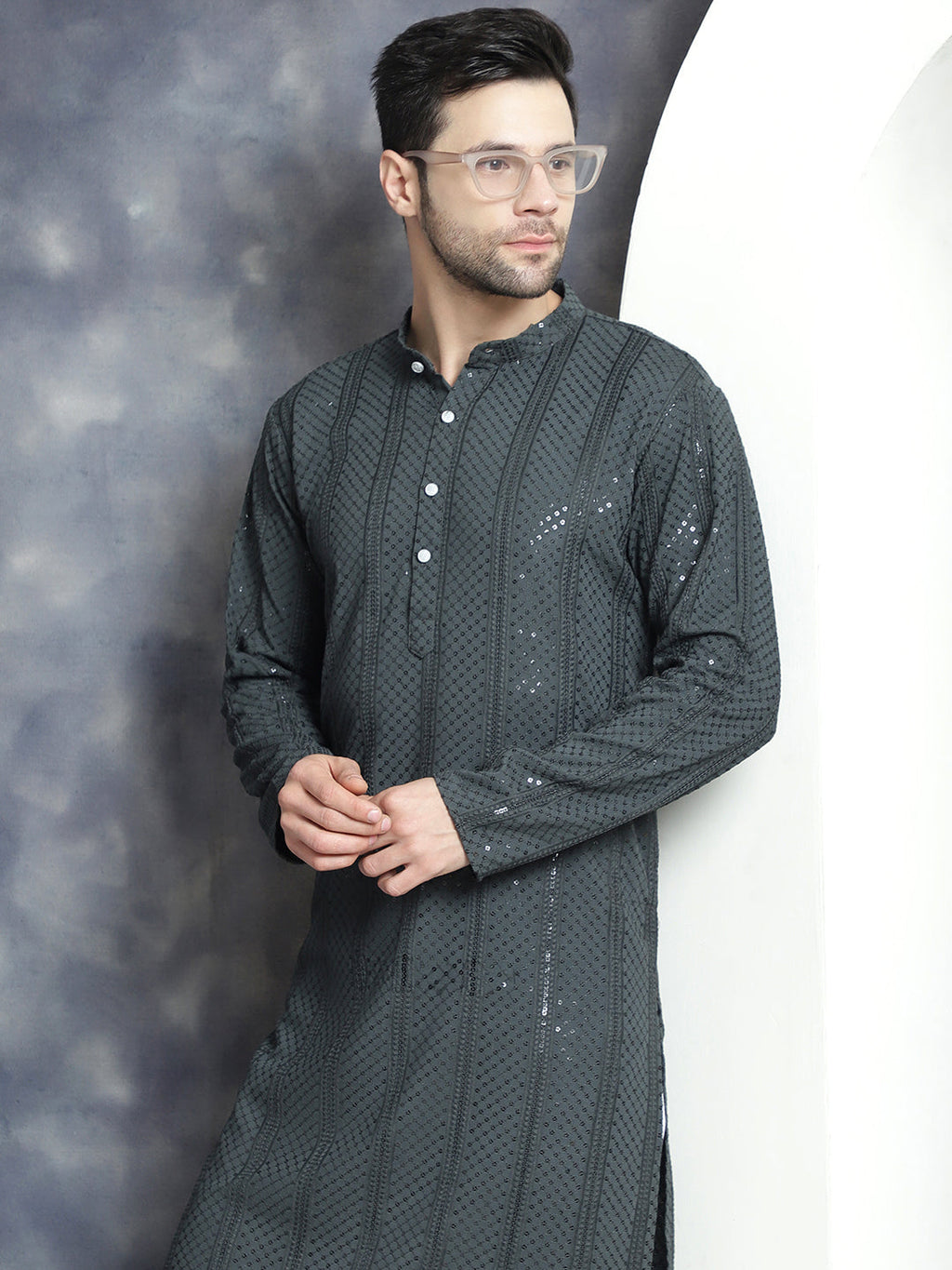 Jompers Men's Sequins Chikankari Embroidered Kurta - Grey