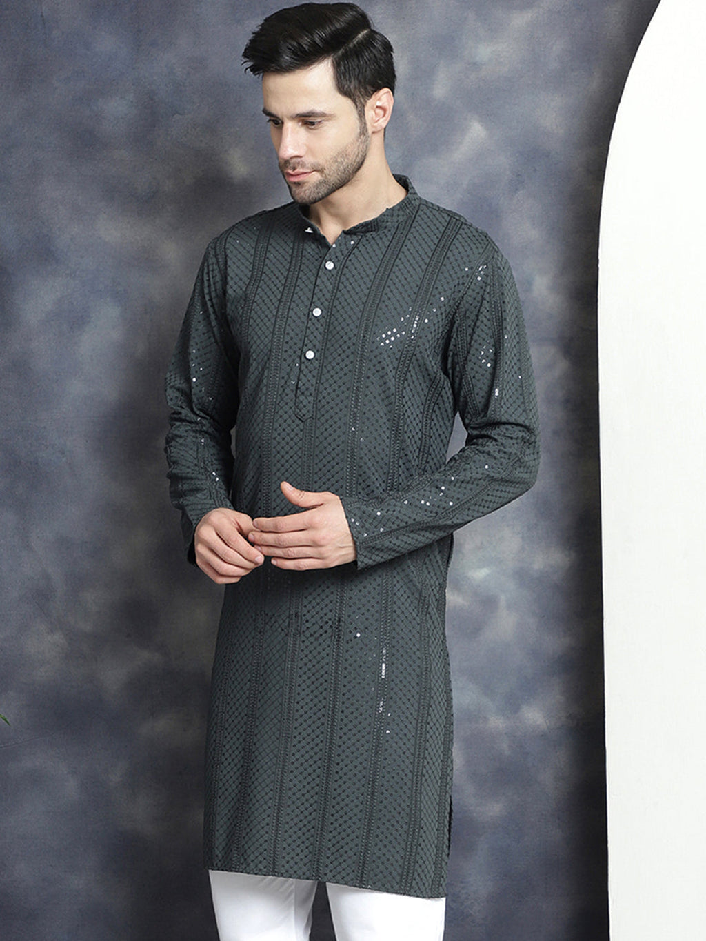 Jompers Men's Sequins Chikankari Embroidered Kurta - Grey