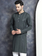 Jompers Men's Sequins Chikankari Embroidered Kurta - Grey