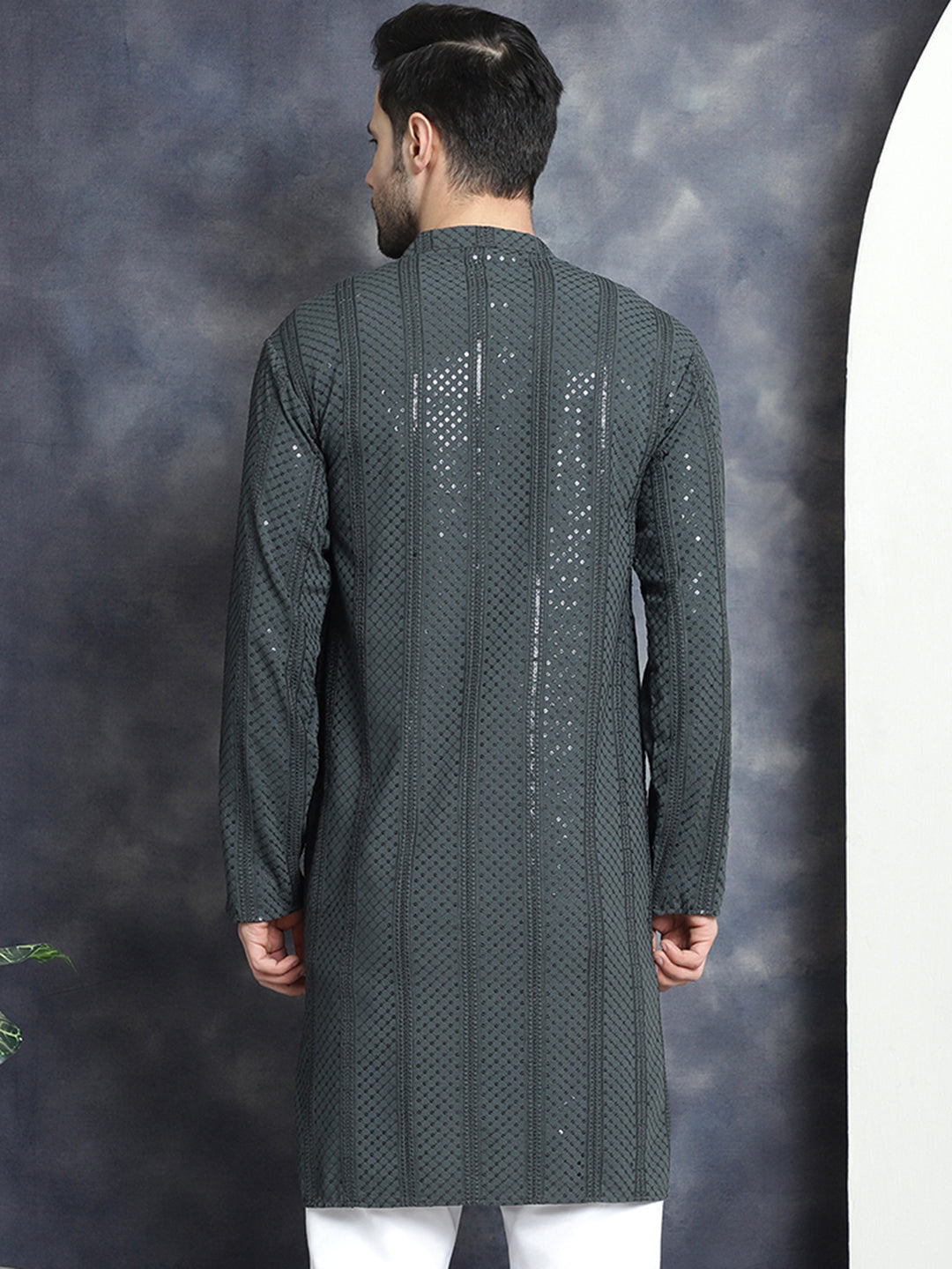Jompers Men's Sequins Chikankari Embroidered Kurta - Grey