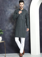 Jompers Men's Sequins Chikankari Embroidered Kurta - Grey