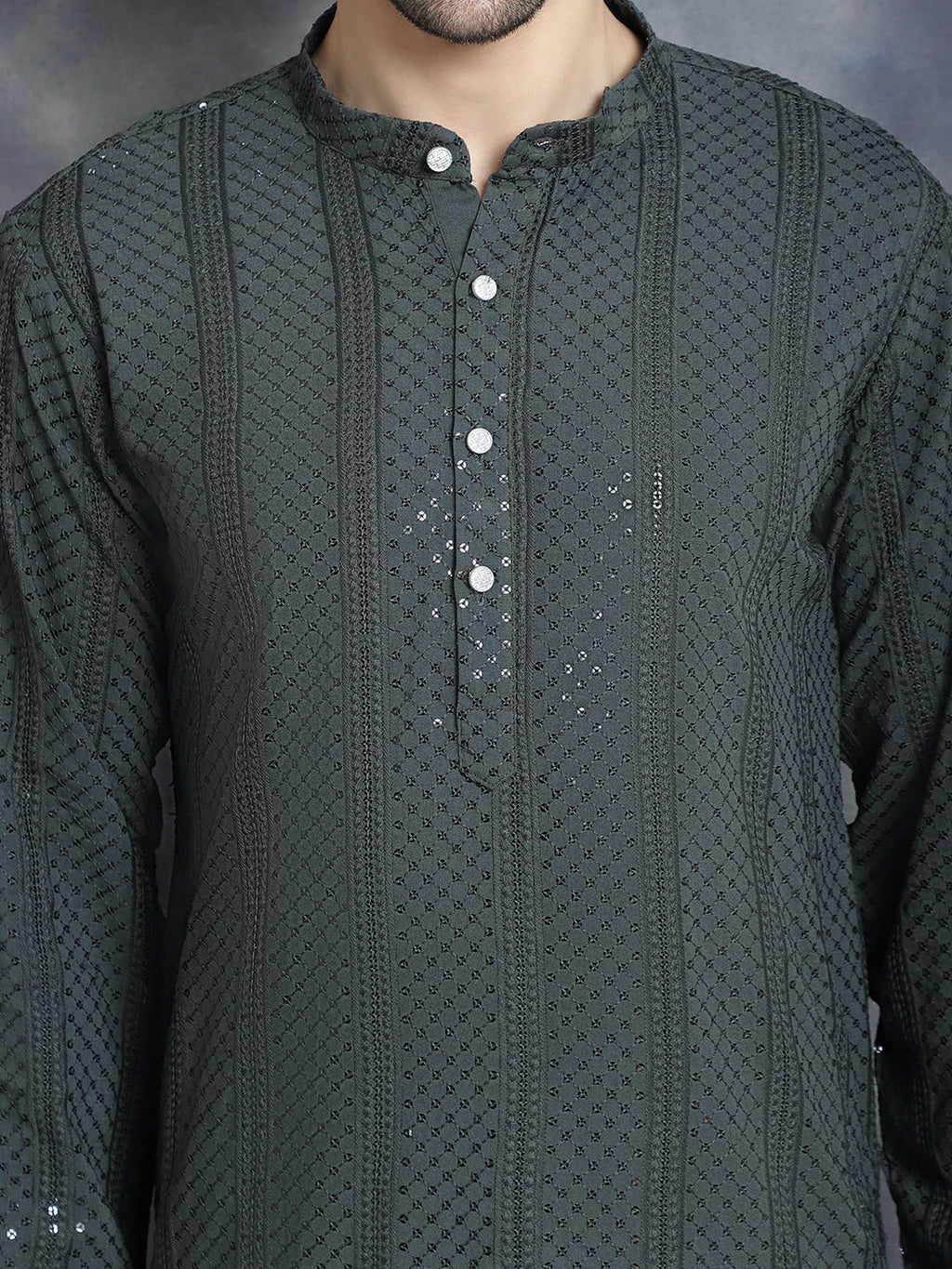 Jompers Men's Sequins Chikankari Embroidered Kurta - Grey