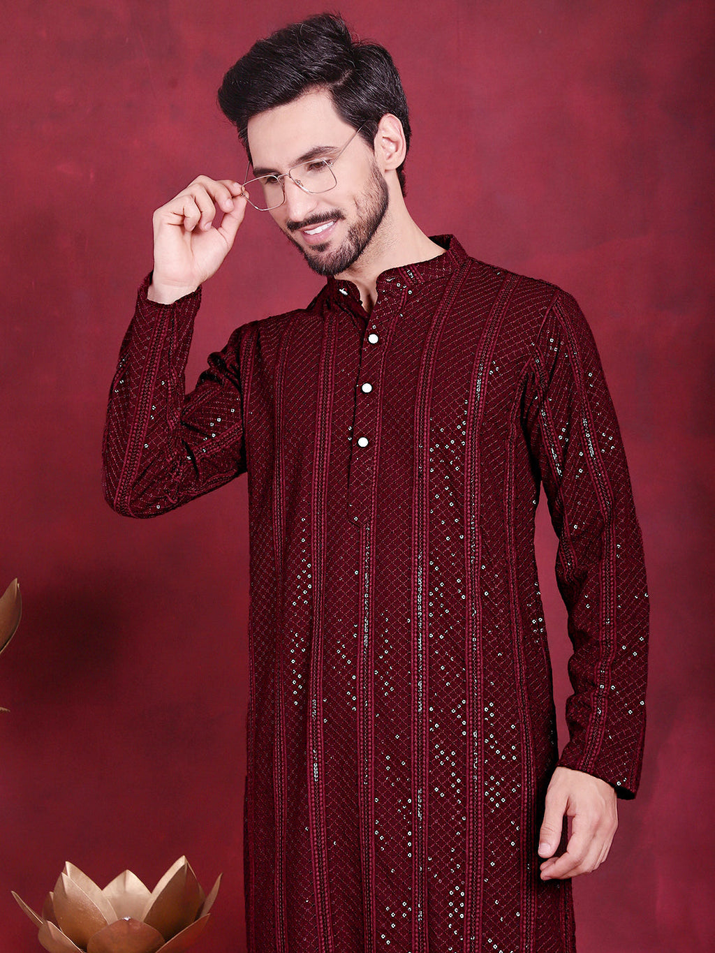 Jompers Men's Sequins Chikankari Embroidered Kurta - Maroon