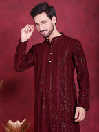 Jompers Men's Sequins Chikankari Embroidered Kurta - Maroon