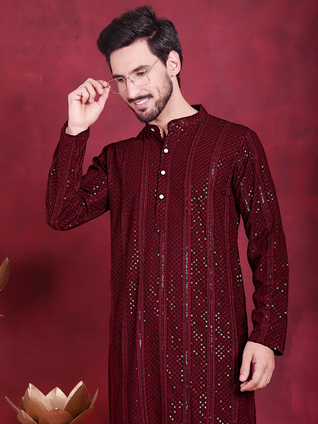 Jompers Men's Sequins Chikankari Embroidered Kurta - Maroon