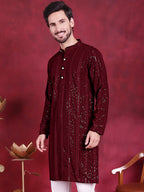 Jompers Men's Sequins Chikankari Embroidered Kurta - Maroon