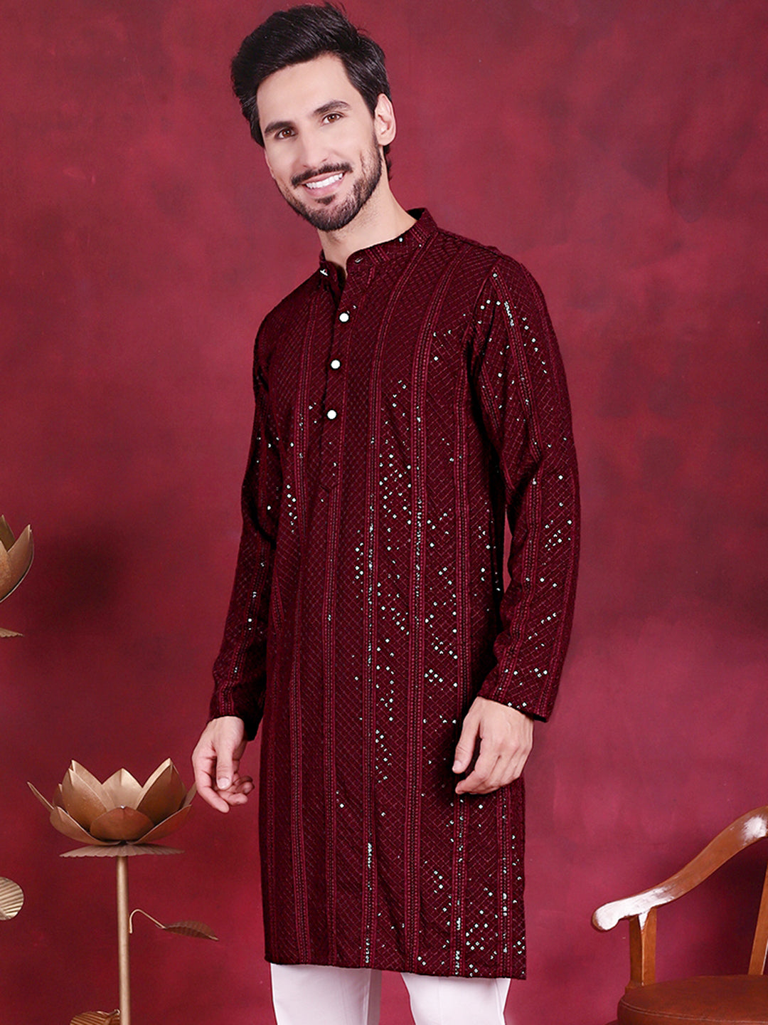 Jompers Men's Sequins Chikankari Embroidered Kurta - Maroon