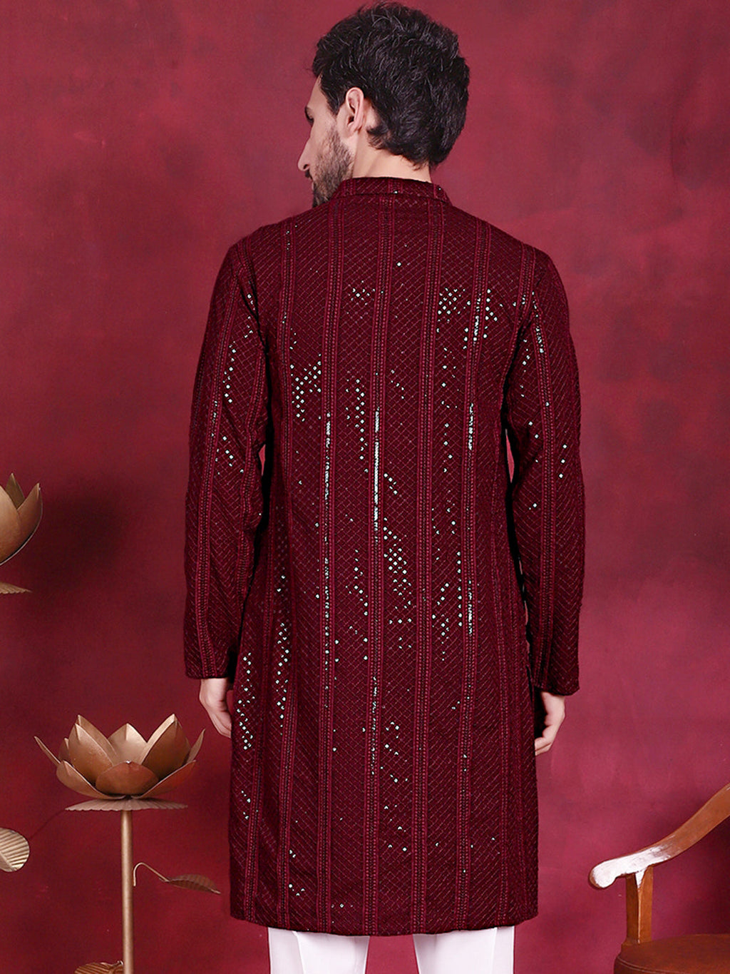Jompers Men's Sequins Chikankari Embroidered Kurta - Maroon