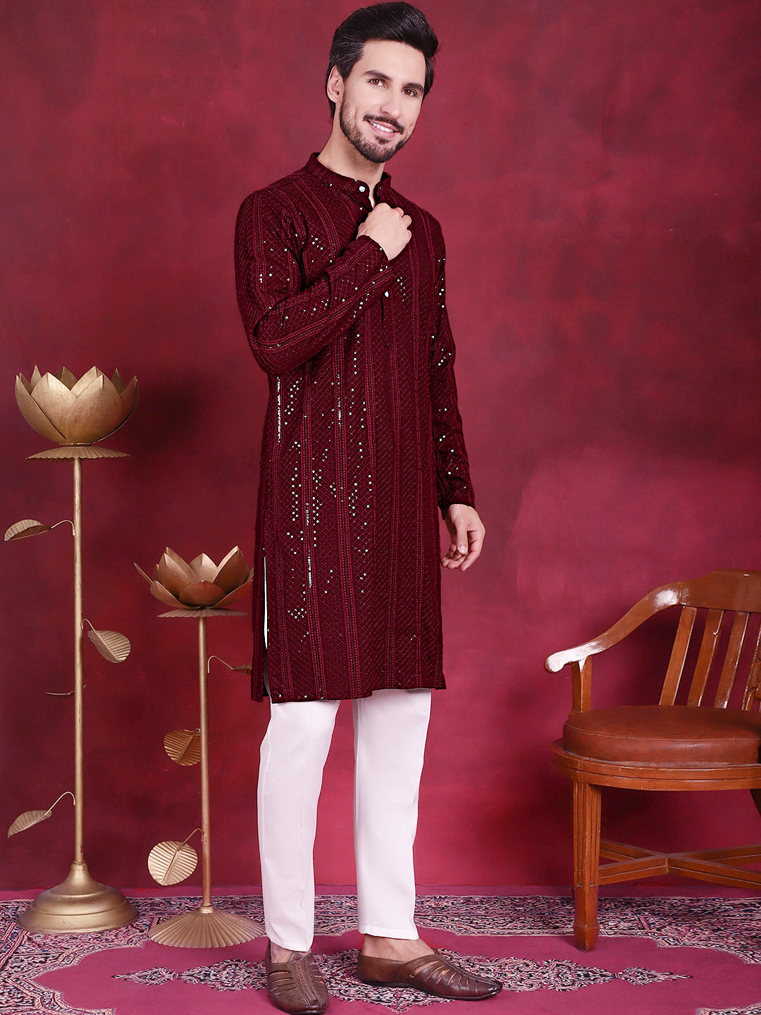 Jompers Men's Sequins Chikankari Embroidered Kurta - Maroon