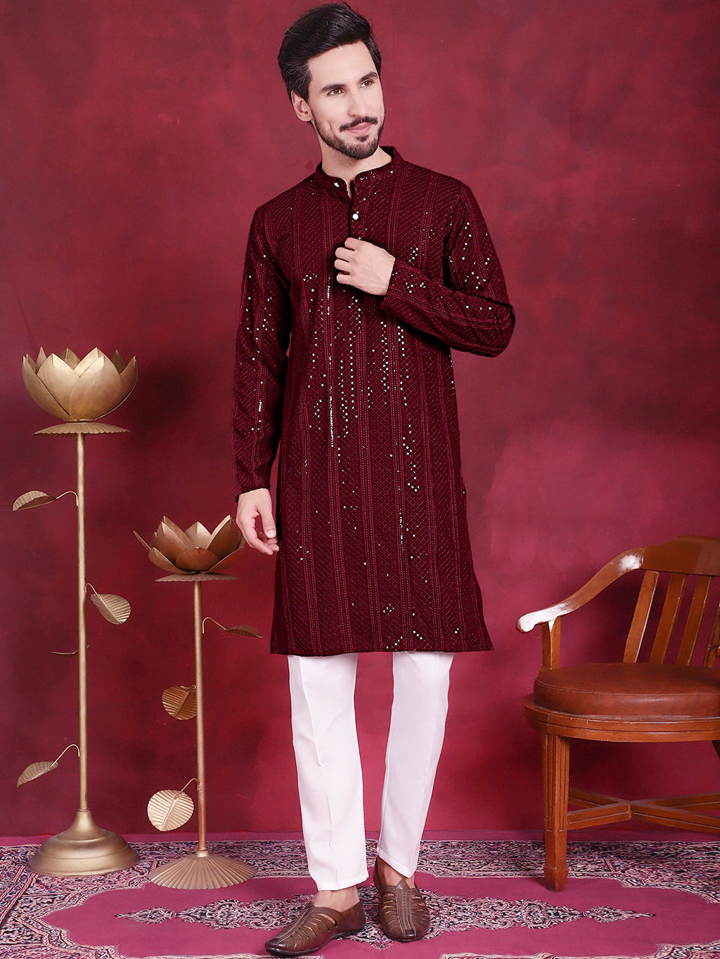 Jompers Men's Sequins Chikankari Embroidered Kurta - Maroon