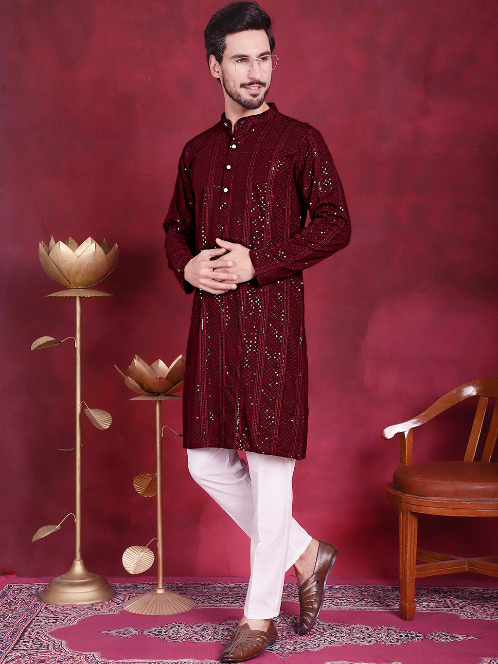 Jompers Men's Sequins Chikankari Embroidered Kurta - Maroon