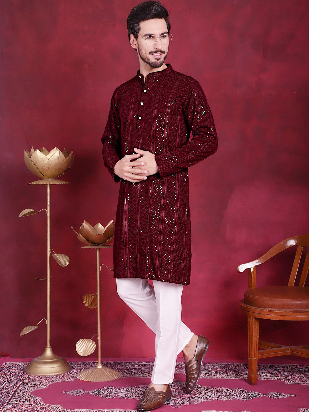 Jompers Men's Sequins Chikankari Embroidered Kurta - Maroon