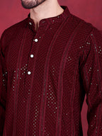 Jompers Men's Sequins Chikankari Embroidered Kurta - Maroon