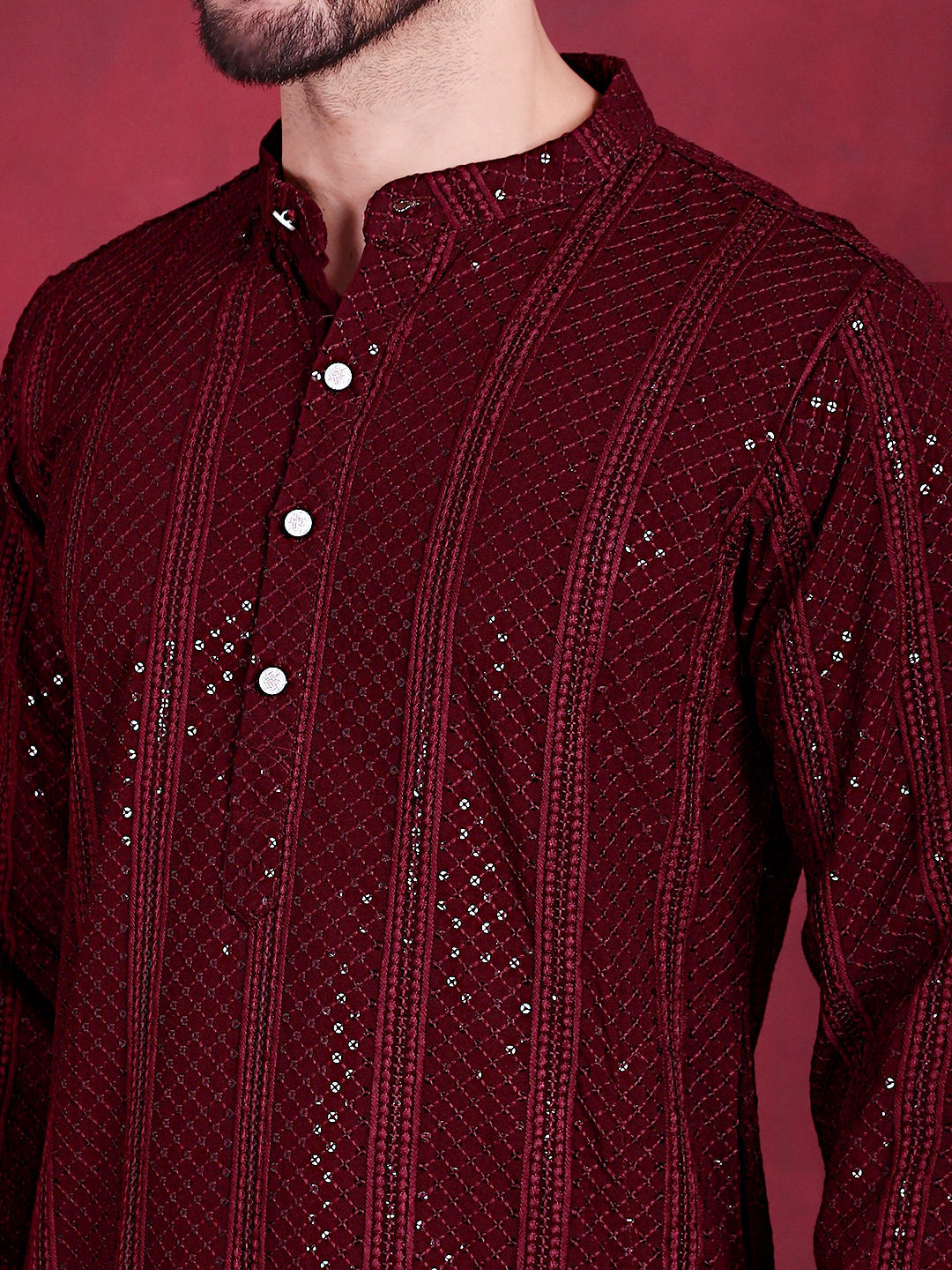 Jompers Men's Sequins Chikankari Embroidered Kurta - Maroon