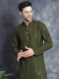 Jompers Men's Sequins Chikankari Embroidered Kurta - Mehndi