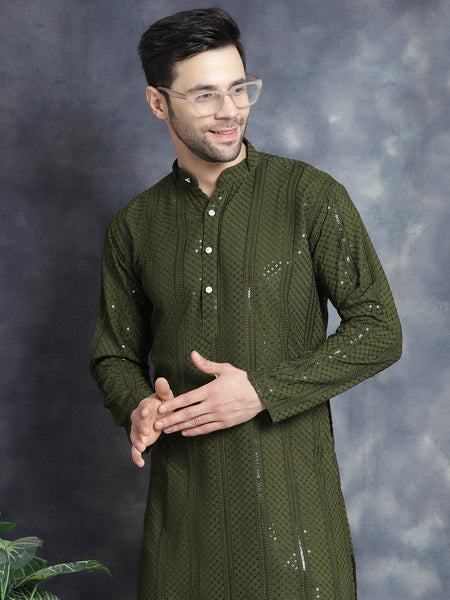 Jompers Men's Sequins Chikankari Embroidered Kurta - Mehndi
