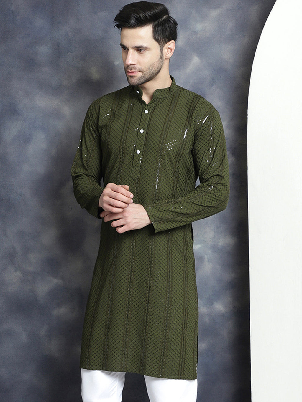 Jompers Men's Sequins Chikankari Embroidered Kurta - Mehndi